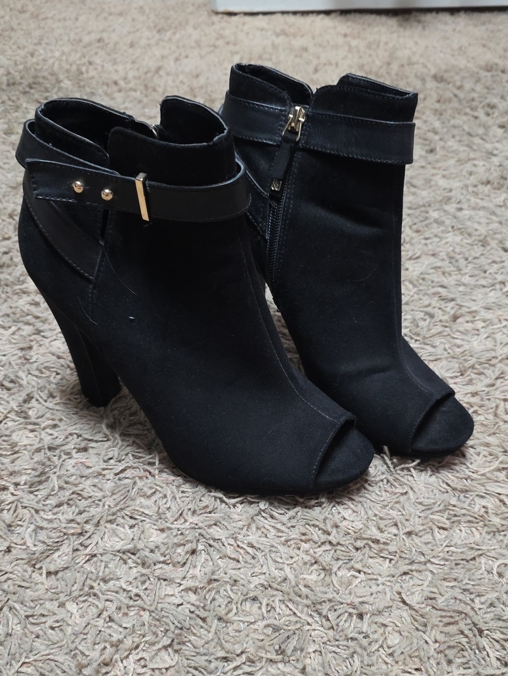Sam & Libby Black Peep-Toe Ankle Boots with Gold Accent
